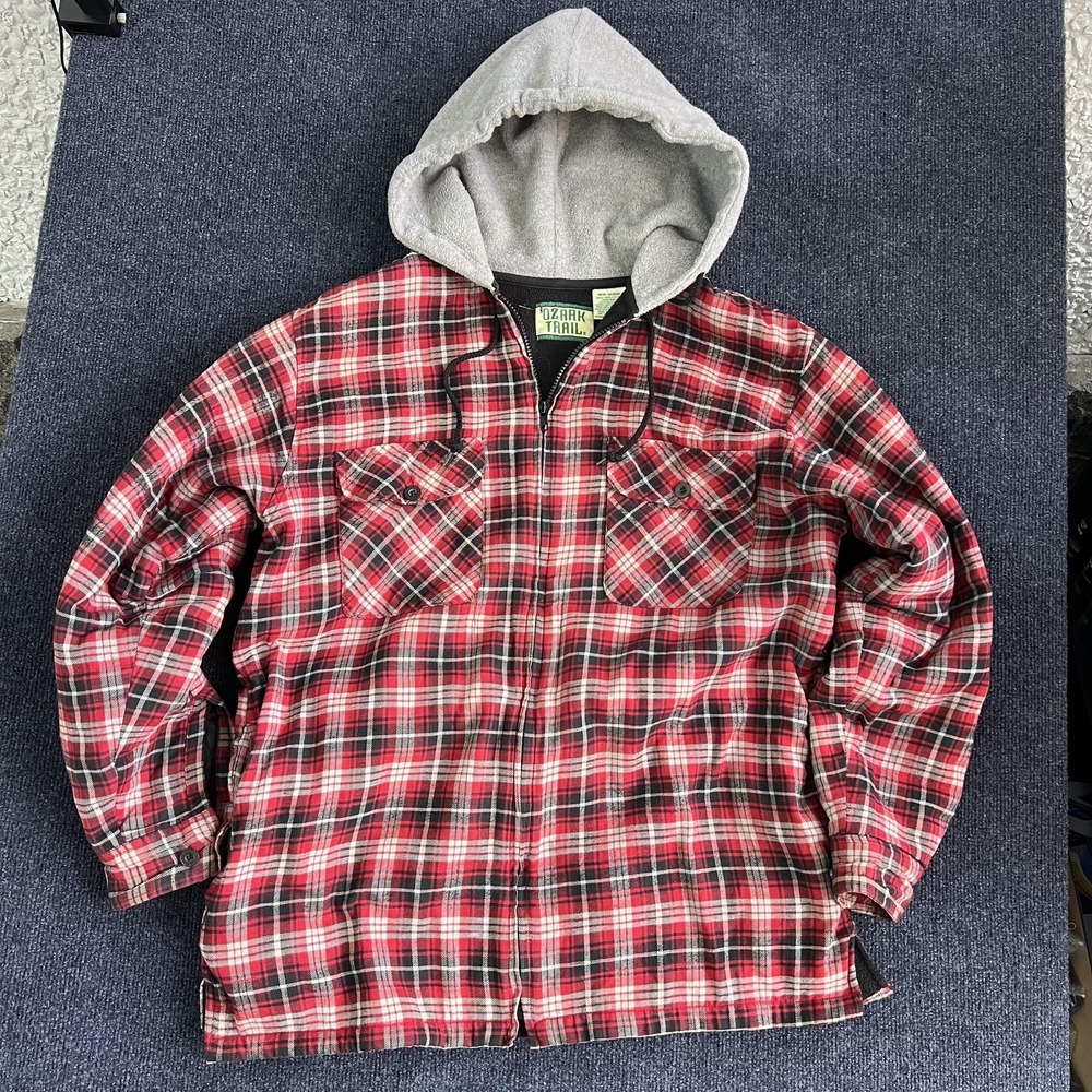 Ozark Trail‎ Jacket Mens Medium Red Plaid Flannel Hooded Full Zip Lined Workwear